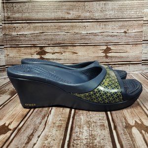 CROCS Sately Women's 10 Slide Navy Blue Gold Slip On Wedge Heel Sandals Shoes